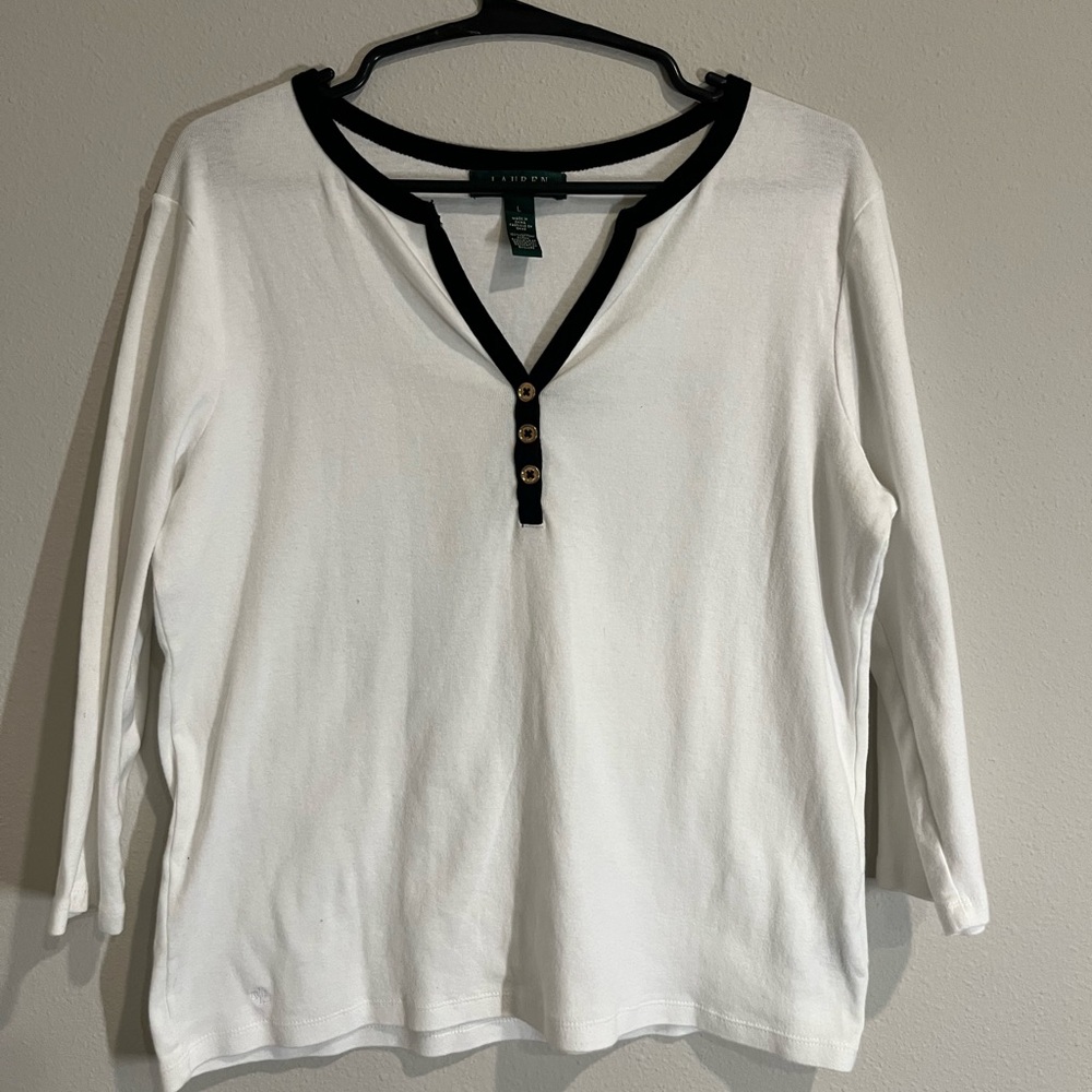 Lauren Ralph Lauren White and Black Polo Blouse 3/4 Sleeves